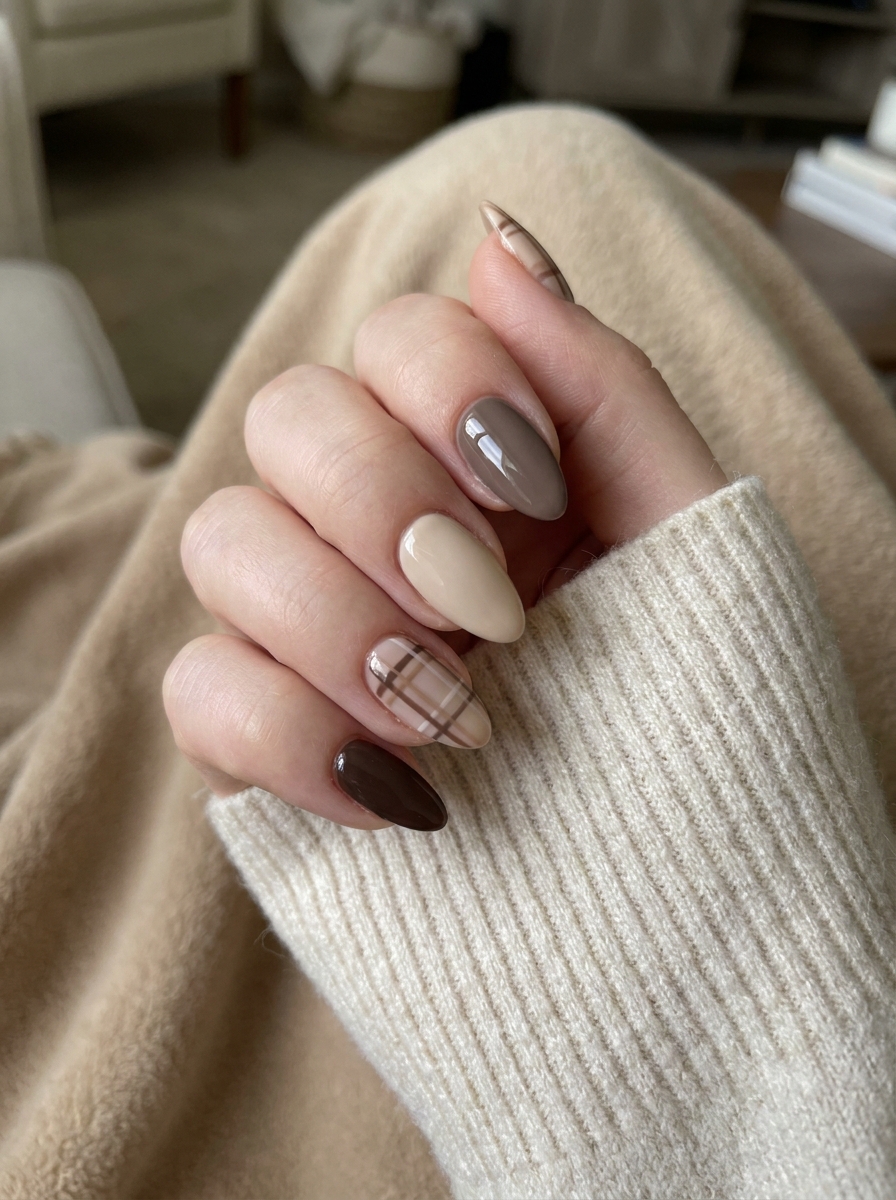 Plaid Fall Nails mit karierten Akzenten in Braun und Creme